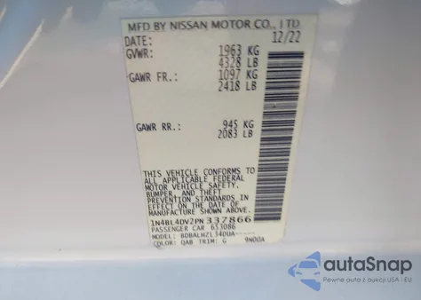 2023 Nissan Altima Sv Fwd из США, поврежденный, VIN 1N4BL4DV2PN337866